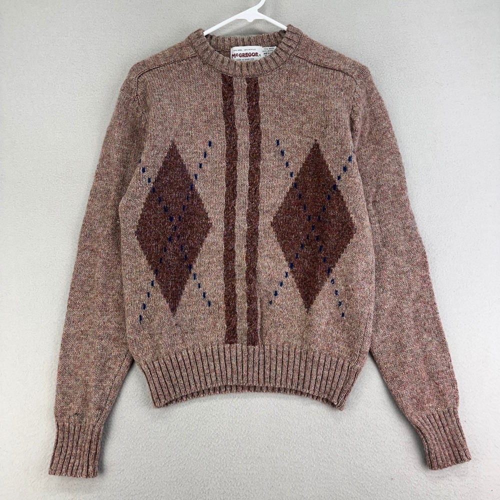 VTG McGREGOR Sweater‎ Mens Medium Brown Argyle Wool Blend Chunky Knit Crewneck